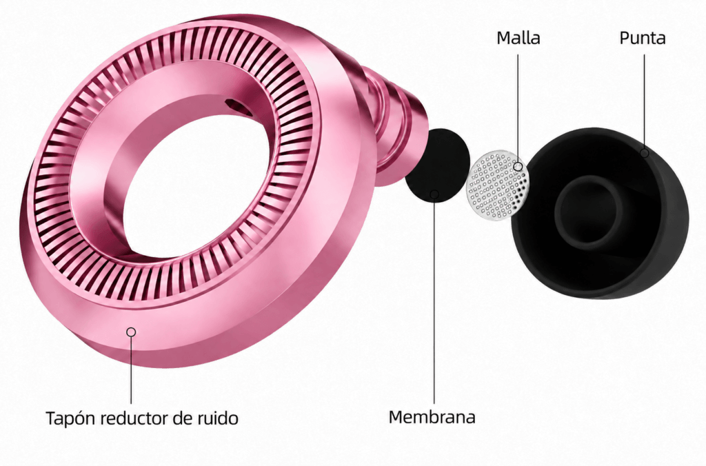 Diagrama en español de un tapón auditivo rosado con malla plateada