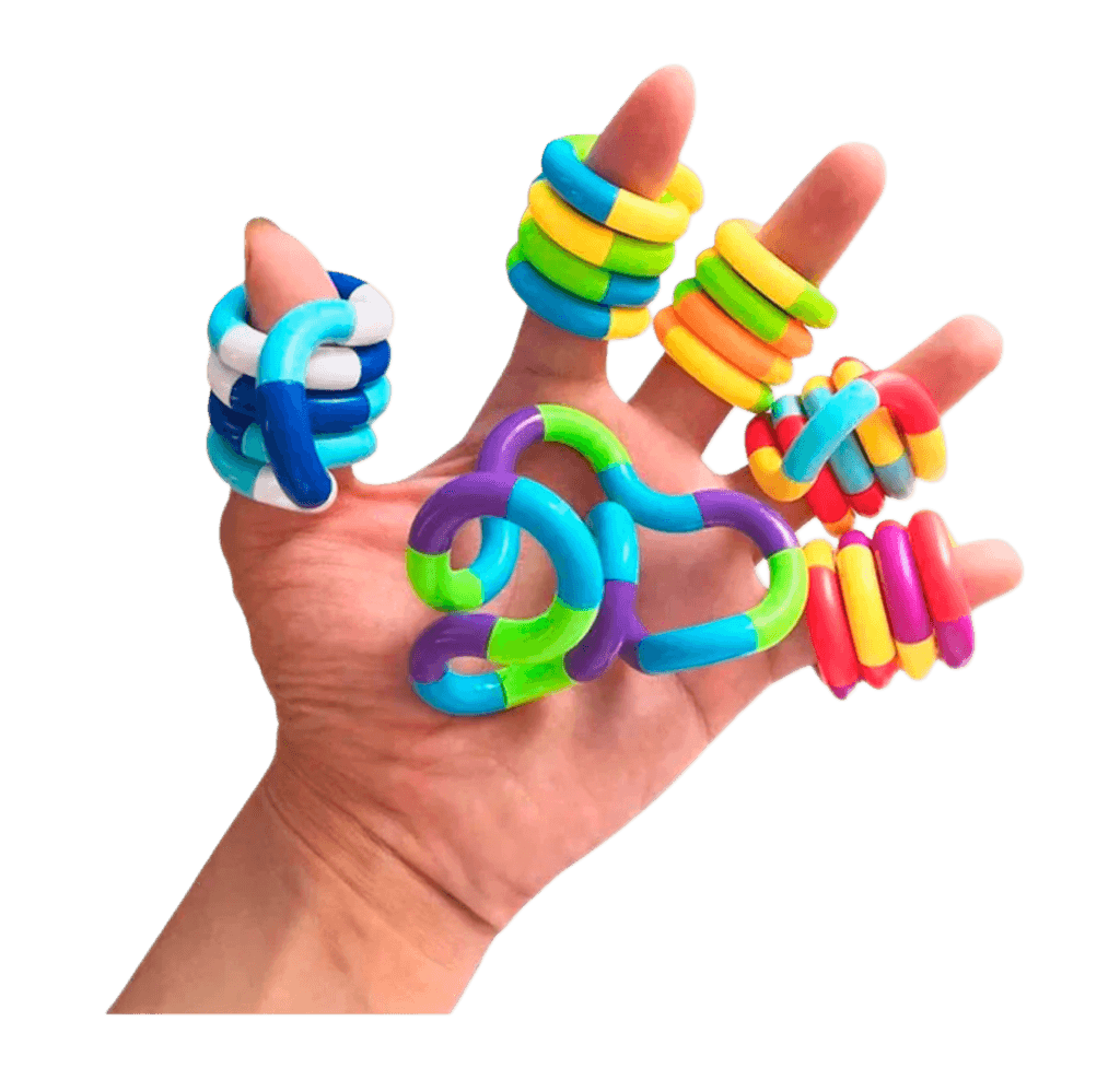 Fidget cuerda antiestrés de colores sostenido con una mano