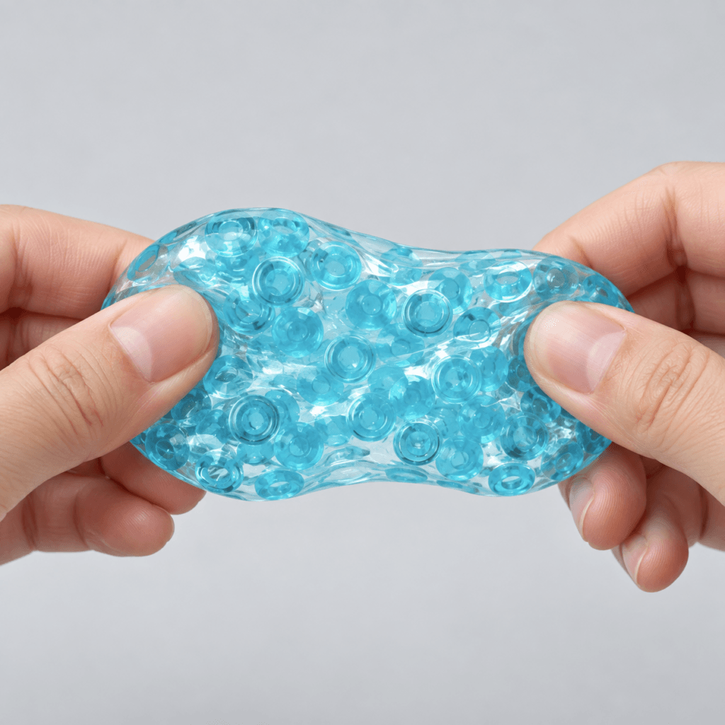 Manos estirando una pelota squishy sensorial celeste