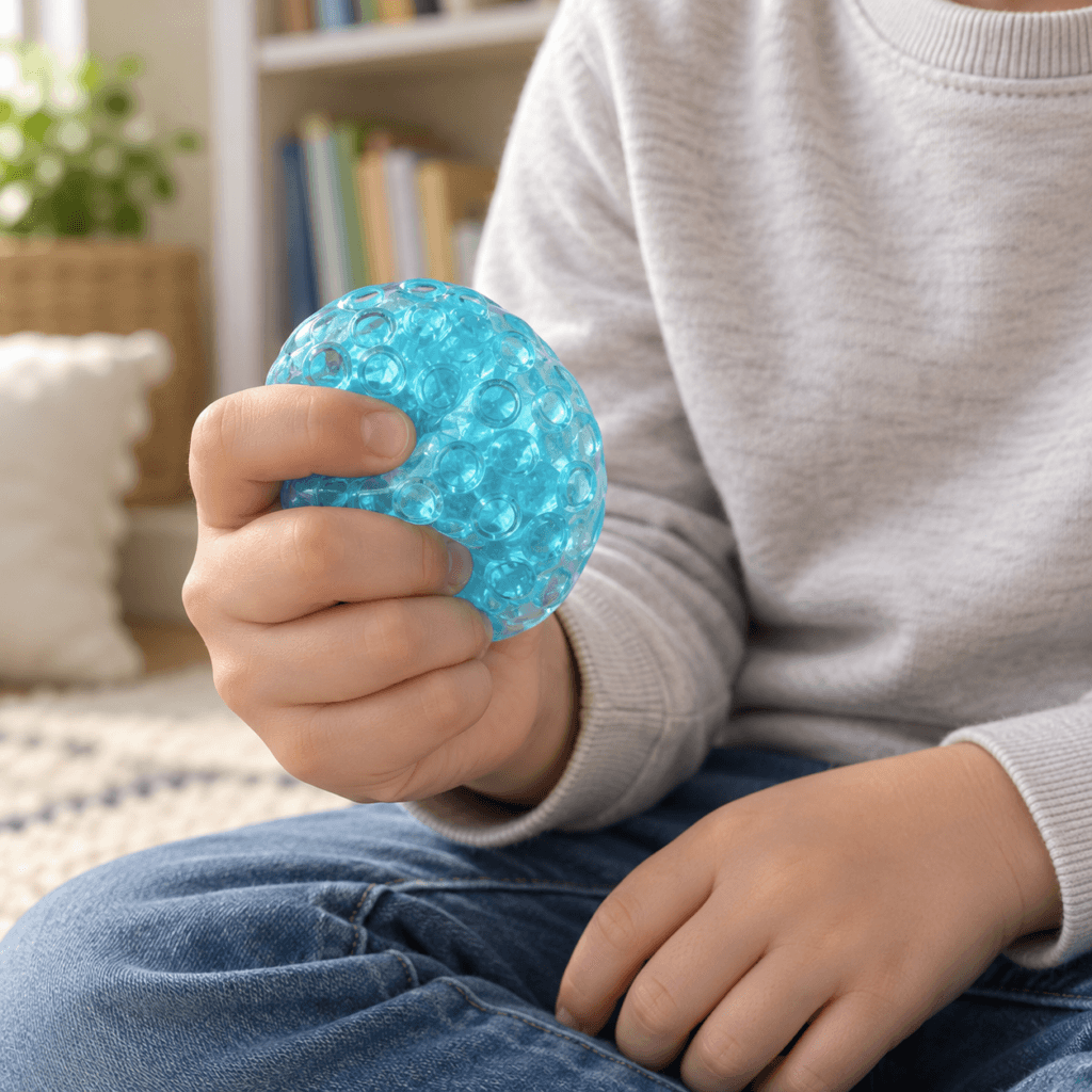 Niño sosteniendo y apretando una pelota squishy sensorial celeste