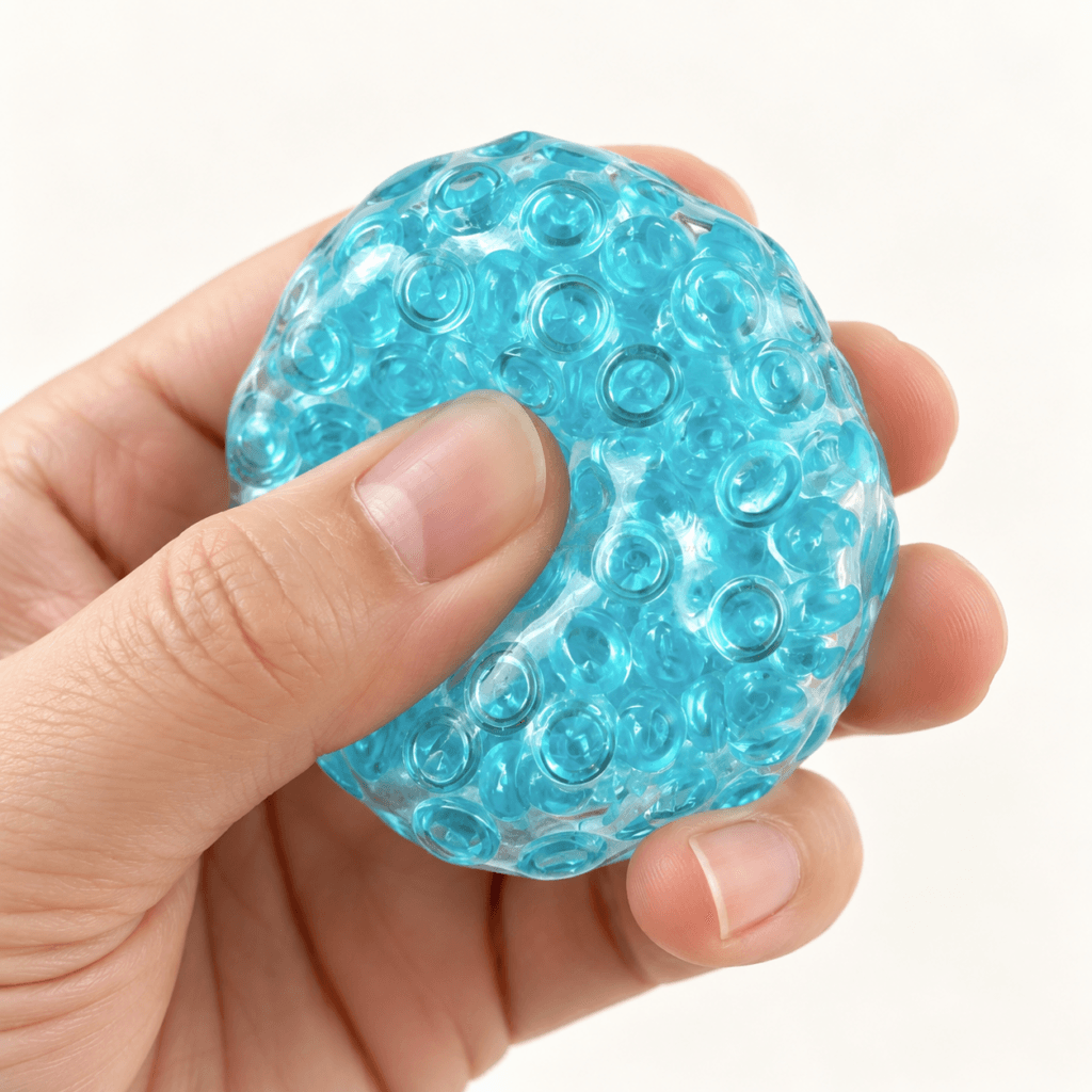 Mano presionando una pelota squishy sensorial celeste