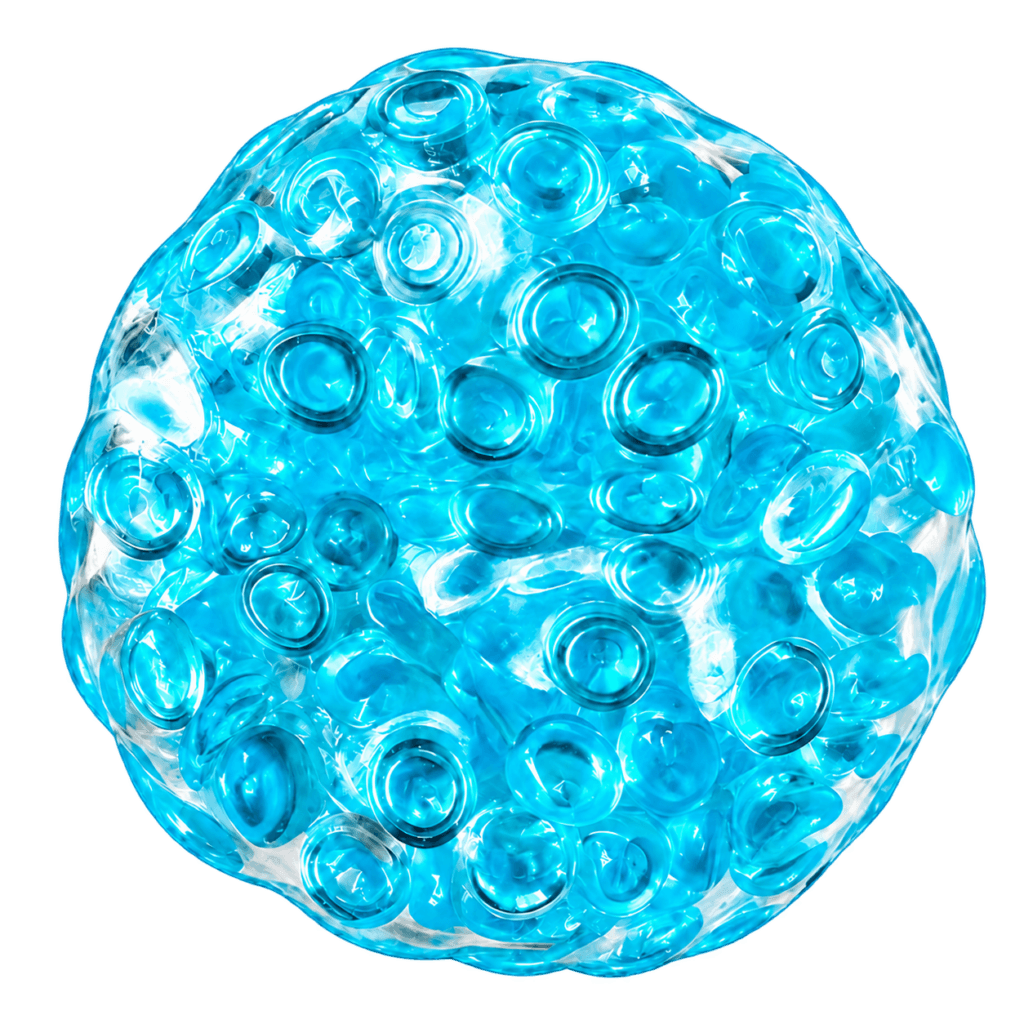 Pelota squishy sensorial celeste translúcida con cuentas en su interior
