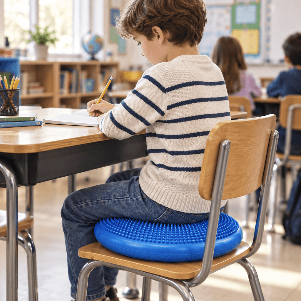 Niño trabajando en clases sentado sobre un cojín sensorial azul