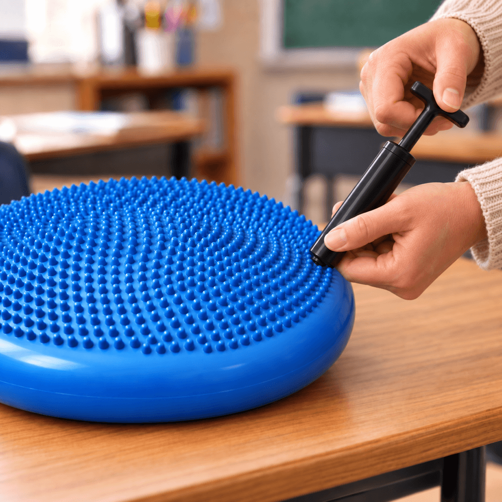 Inflador manual ajustando la firmeza de un cojín sensorial azul