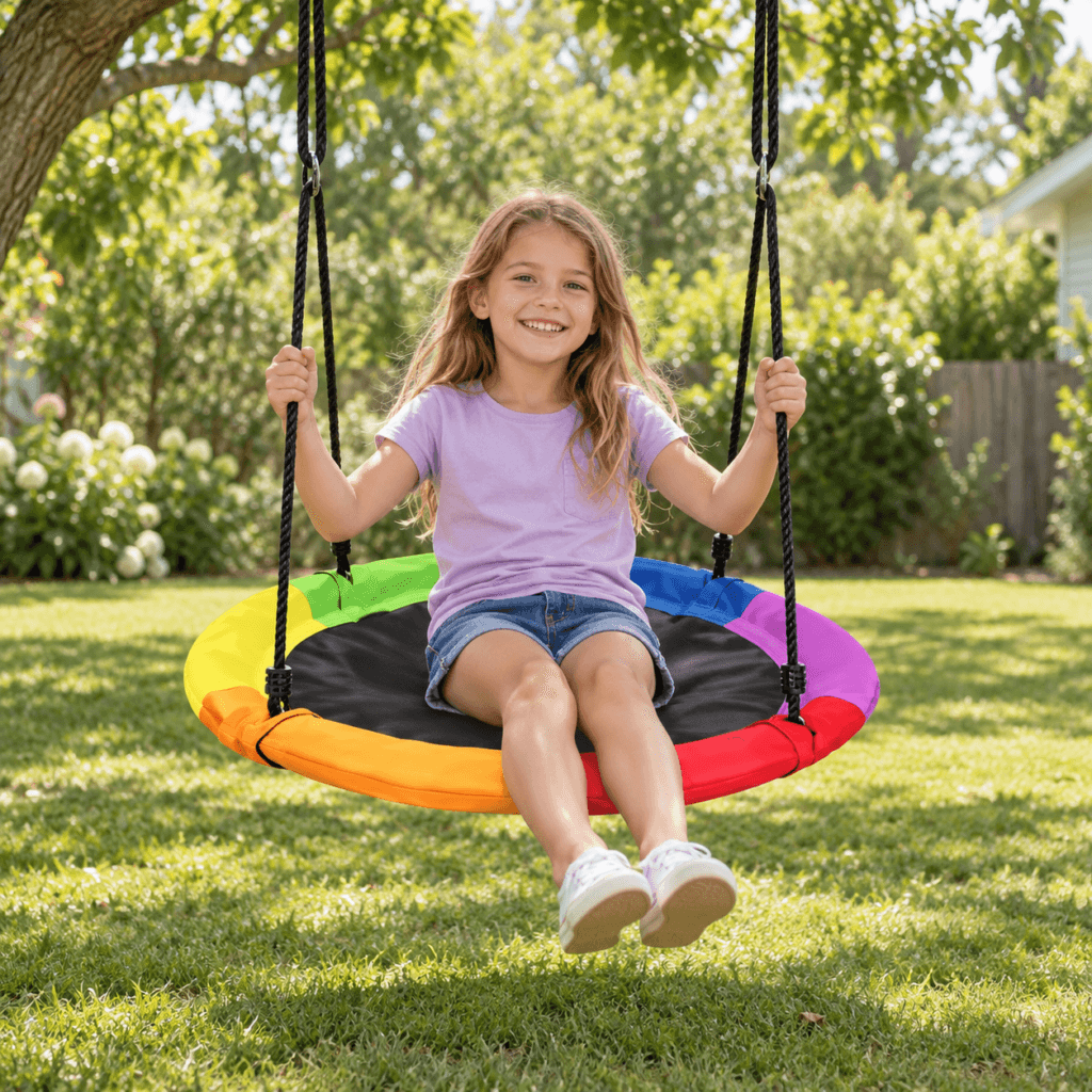Niña balanceándose al aire libre en un columpio vestibular redondo multicolor