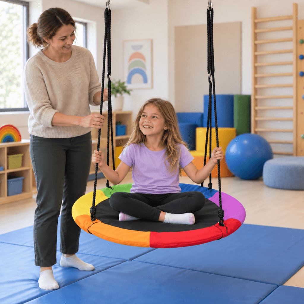 Niña usando un columpio vestibular redondo con acompañamiento de una terapeuta ocupacional