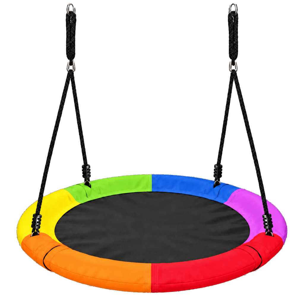 Columpio vestibular redondo con asiento negro y borde acolchado multicolor