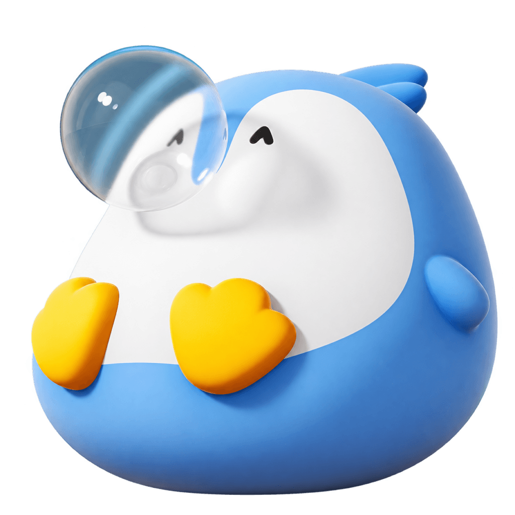 Squishy pingüino azul y blanco con una burbuja transparente en el pico